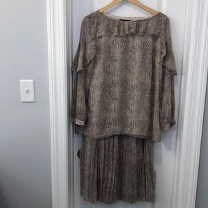 Banana Republic Blouse and Pleated Skirt with Beige and Brown Snake Print